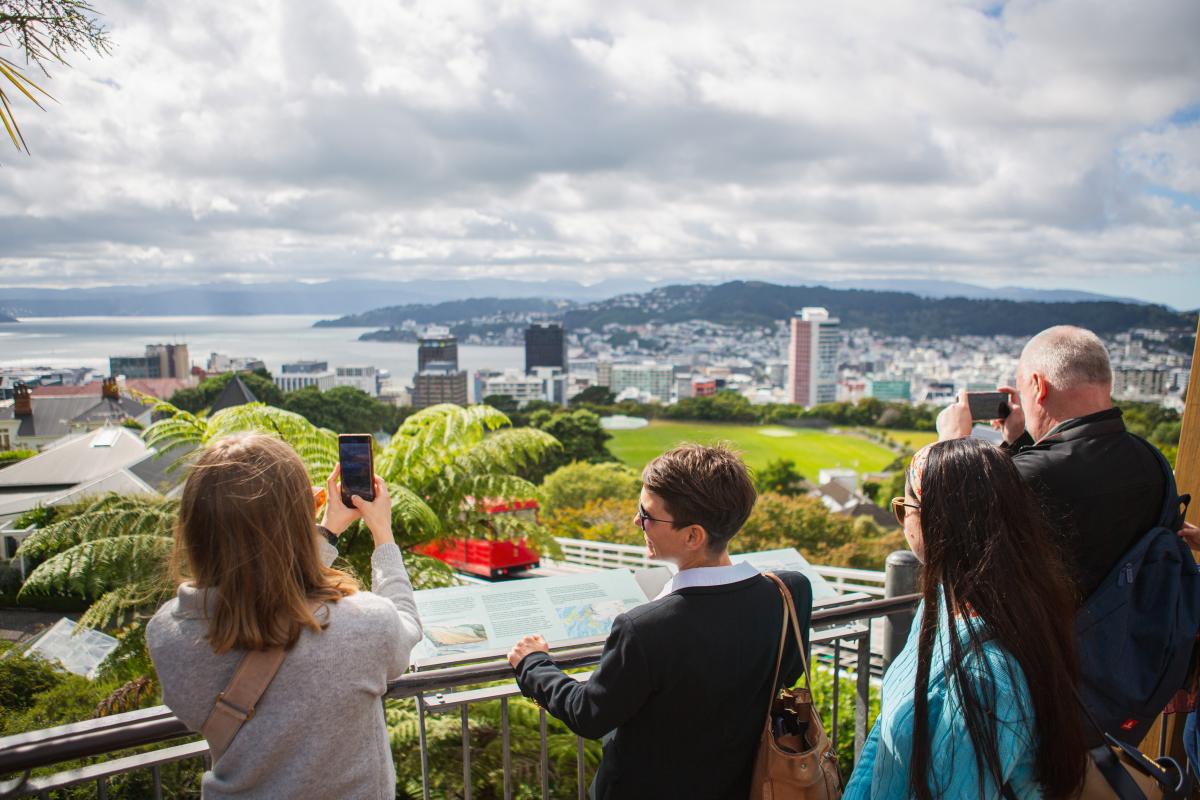 Group looking over cable car and view